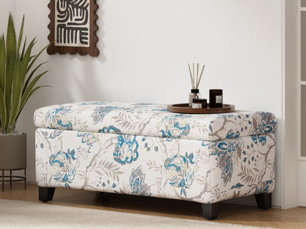 Luxury Storage Ottoman With Floral Patterned Fabric, Soft Close Hinges, Functional Footrest & Seat - Blue Flower / Blue Multi