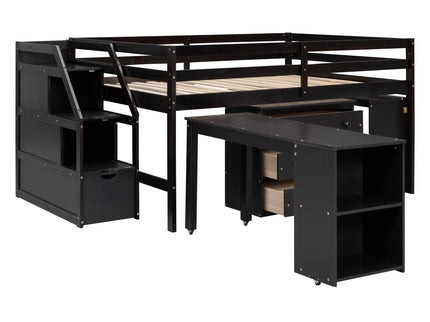 Loft Bed With Retractable Writing Desk And 3 Drawers With Storage Stairs And Shelves