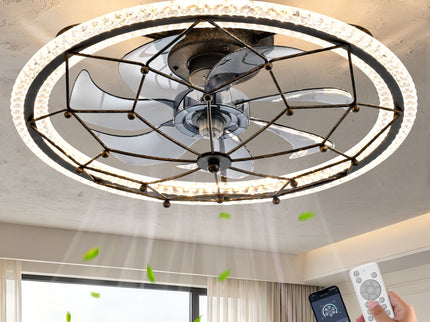 Caged Ceiling Fan With Remote Control Lights, 6 Speeds, 3 Color Temperature LED - Antique Black