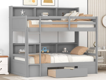 Twin Size Bunk Bed With Built-In Shelves Beside Both Upper And Down Bed And Storage Drawer