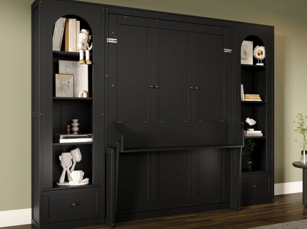 French Style Murphy Platform Bed With Shelf, Side Cabinets, Drawers And LED