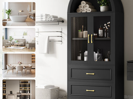 Arched Top Storage Cabinet With Fixed 2 Tier Shelves, 2 Large Drawers