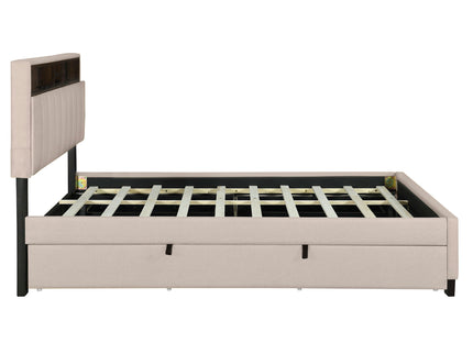 Upholstered Platform Bed With Storage Headboard, Trundle & 2 Drawers And A Set Of Sockets & USB Ports
