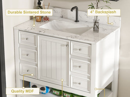 37" Bathroom Vanity, Multi Functional Cabinet With Doors And Drawers, Frame, Single Faucet Hole - White