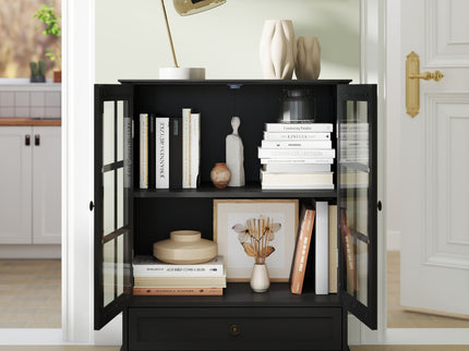 Minimalist Buffet Cabinet With Double Glass Doors And Drawer