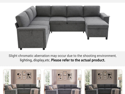 U - Shaped Convertible Sectional Sofa Bed With Storage, USB Charger & Cup Holders
