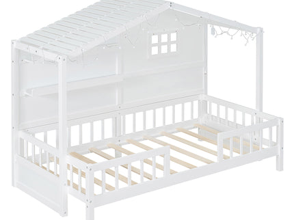 House Bed With Shelves, Window And Sparkling Light Strip On The Roof