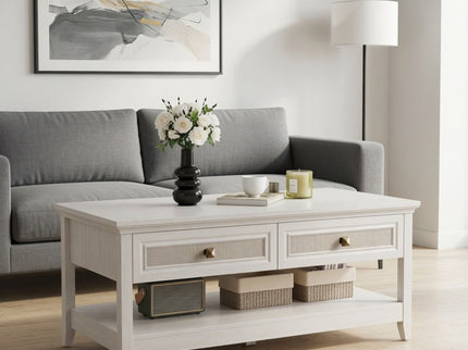 Coffee Table With Drawers & Storage Shelf - White