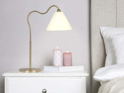 Ornate - Ring Base Curved Table Lamp With Triangle Drum Shade - Gold / White