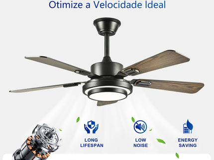 5 Blades Ceiling Fan With LED Light 3000 - 6500K Dimmable, 6 Speed Levels, Reversible Ceiling Fan - Matte Black