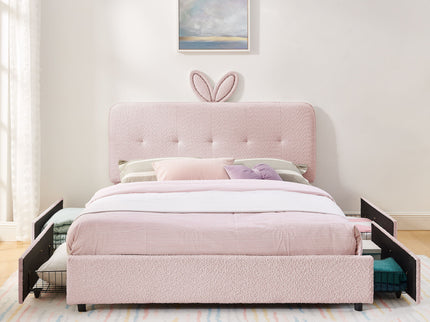 Upholstered Bed With Oversized Rabbit Ear Headboard, LED Lights & 4 Storage Drawers