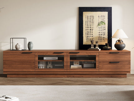 TV Stand With 2 Drawers, Doors & Cable Management, Soft Closing Hinges - Walnut