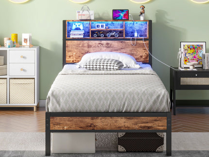 Modern Twin Size Metal Platform Bed Frame With Storage Headboard And Charging Station - Brown