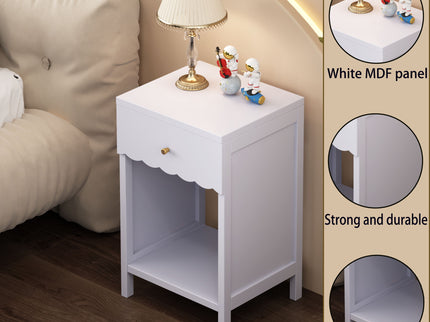 Nightstand With Drawer And Open Shelf, Scalloped Edge Bedside Table