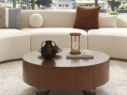 Drum Shaped Coffee Table With Hidden Storage Drawer, Low Profile For Living Room - Walnut