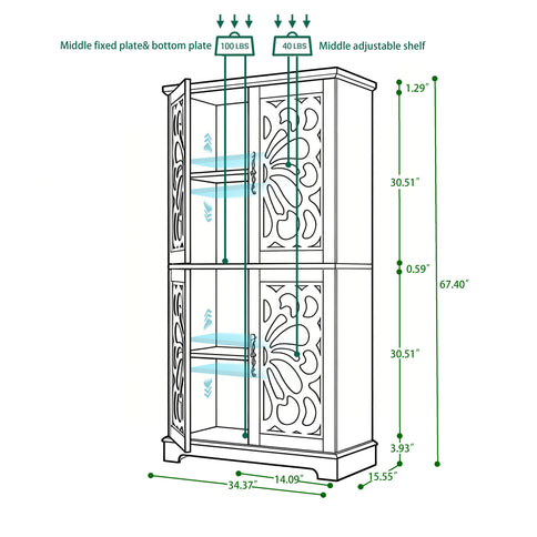 Modern Sideboard Buffet With 4 Mirrored Doors, Adjustable Shelves