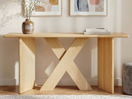 X-Frame Console Table, Angled Cross Leg Design, Rounded Edges - Natural