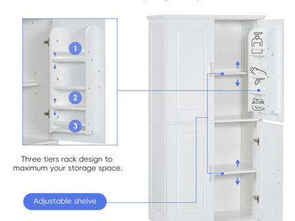 Tall And Wide Bathroom Floor Storage Cabinet With 4 Doors, Adjustable Shelves - White