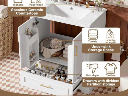 Bathroom Vanity With Sink, 1 Divided Drawer And 2 Soft Close Doors With Double Shelf