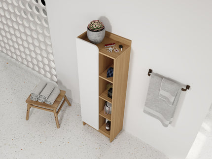 Tall Freestanding Bathroom Side Cabinet With Single Door & 4 Tier Open Shelves - Black / Light Oak / White