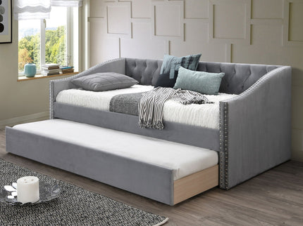 Daybed With Button Tufted Nailhead Trim And Trundle Slat Storage - Gray