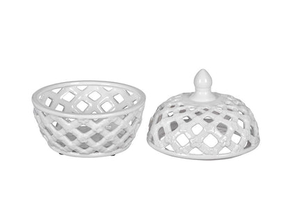 Ceramic Lidded Jar With Lattice Design - White