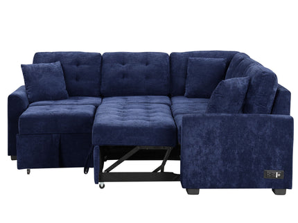 L-Shape Sofa Bed Pull-Out Sleeper Sofa With Wheels, USB Ports, Power Sockets For Living Room