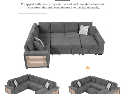 U-Shaped Sectional Sofa Pull-Out Sofa Bed With Two USB Ports, A Storage Chaise Lounge And Four Back Pillows For Living Room