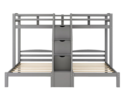 Twin Over Twin & Twin Bunk Bed With Built In Staircase And Storage Drawer - Gray