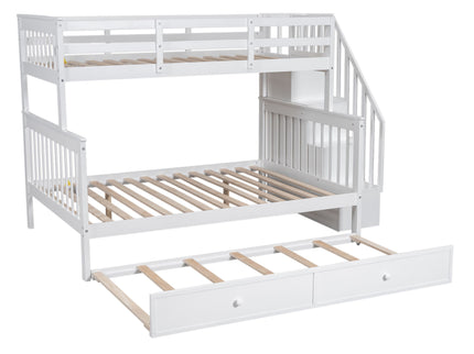 Bunk Bed With Twin Size Trundle, Storage And Guard Rail For Bedroom