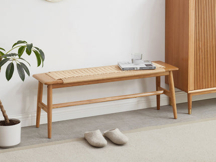 Woven Design Dining Bench For Dining Room, Bedroom - Natural Oak
