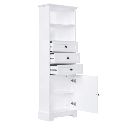 Tall Storage Cabinet With 3 Drawers And Adjustable Shelves For Bathroom