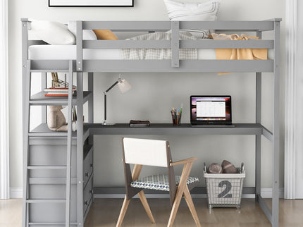 Modern Loft Bed With Built In Desk, Shelves, And 2 Drawers