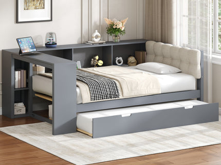 Upholstered Headboard Platform Bed With Storage Shelves, Trundle, Charging Station