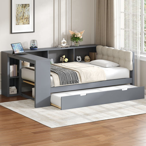 Upholstered Headboard Platform Bed With Storage Shelves, Trundle, Charging Station