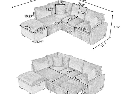 Convertible Sofa Bed Sectional Sofa Sleeper L-Shaped Sofa With A Storage Ottoman, Two Pillows, Two Power Sockets And Two USB Ports For Living Room
