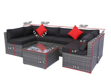 5 Pieces Rattan Sectional Outdoor Furniture Cushioned U Sof Set With 2 Pillow - Gray / Black