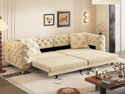 3 In 1 Convertible Sleeper Sofa, Pull Out Bed, Button Tufted, 4 Seater Couch With Movable Ottoman For Apartment - Apricot
