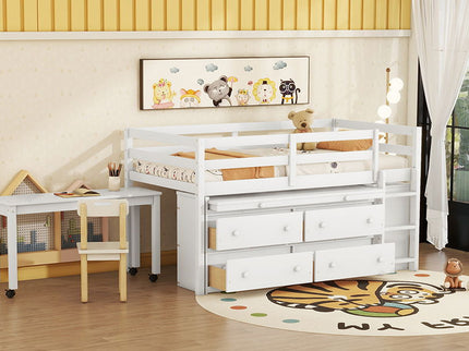 Loft Bed With Retractable Writing Desk And 4 Drawers, With Lateral Portable Desk And Shelves