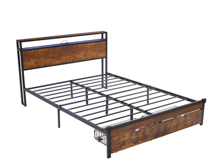 Modern Metal Platform Bed Frame With Wooden Headboard And Footboard, USB Charging Station, LED Lights, 2 Drawers