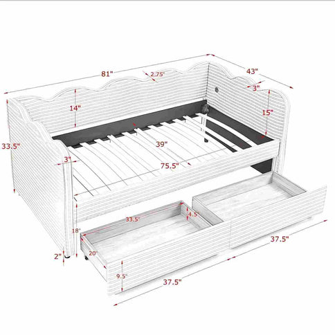 Gingham Daybed With USB Charging Port, Wave-Shaped Design
