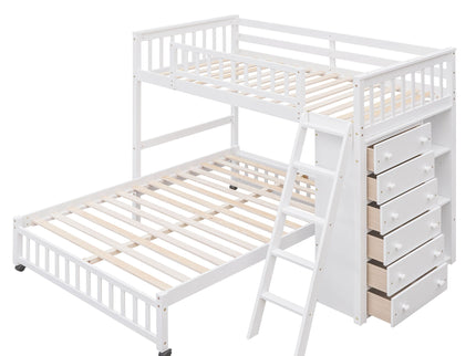 Bunk Bed With 6 Drawers And Flexible Shelves, Bottom Bed With Wheels