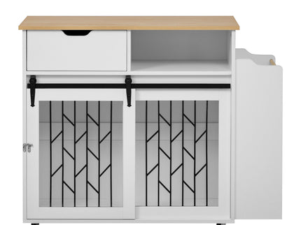 Modern Style 2 In 1 Pet Friendly Dog Crate Kitchen Island End Table Metal Pine - Natural / White