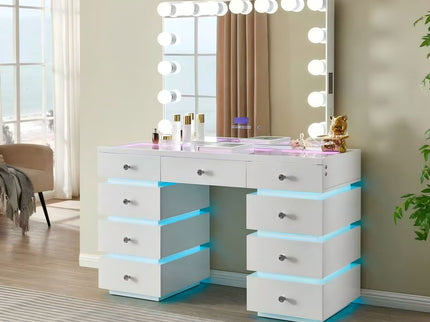 LED Lighted Makeup Vanity Desk With 15 Bulbs Mirror, RGB Light Drawers, 9 Drawers Dressing Table For Bedroom - Gloss White