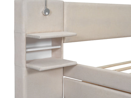 Upholstered Platform Bed With Reading Lights, Drawers, Trundle And Shelves