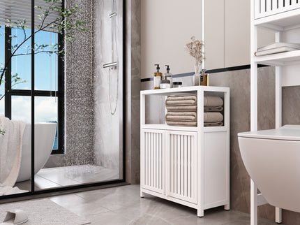 Bamboo Large Capacity Storage Cabinet With Shelves For Bathroom And Living Room - White