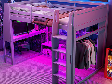 Gaming Loft Bed With Desk, Multi Storage Shelves, LED Lighting, And Hanging Clothes Rack