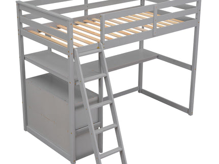 Modern Loft Bed With Built In Desk, Shelves, And 2 Drawers
