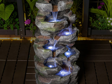 Rock Waterfall Outdoor Fountain With LED Lights - Gray