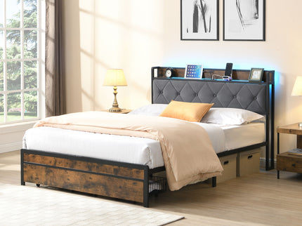 Modern Bed Frame With LED Lights, Upholstered Headboard, USB Charging